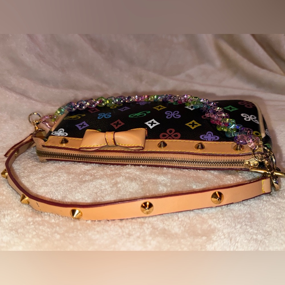 Black Multicolor Studded Monogram Shoulder Bag Tan Trim Bow Detail W Bag Chain! - Picture 9 of 12